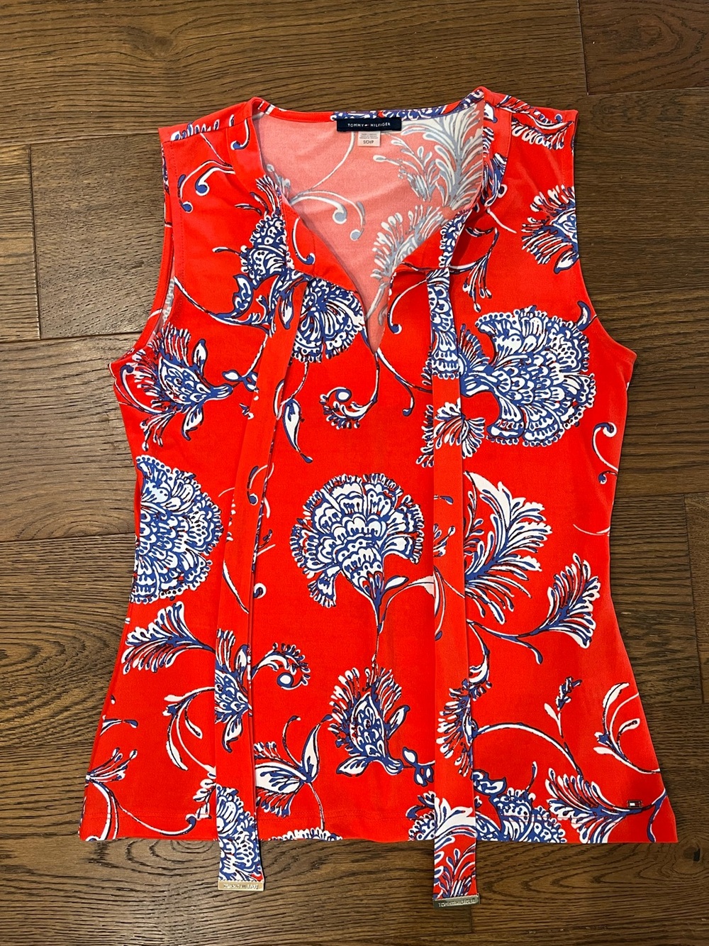 TOMMY HILFIGER S Coral Red and Blue Floral Stretch Sleeveless Top Tie Bow V Neck
